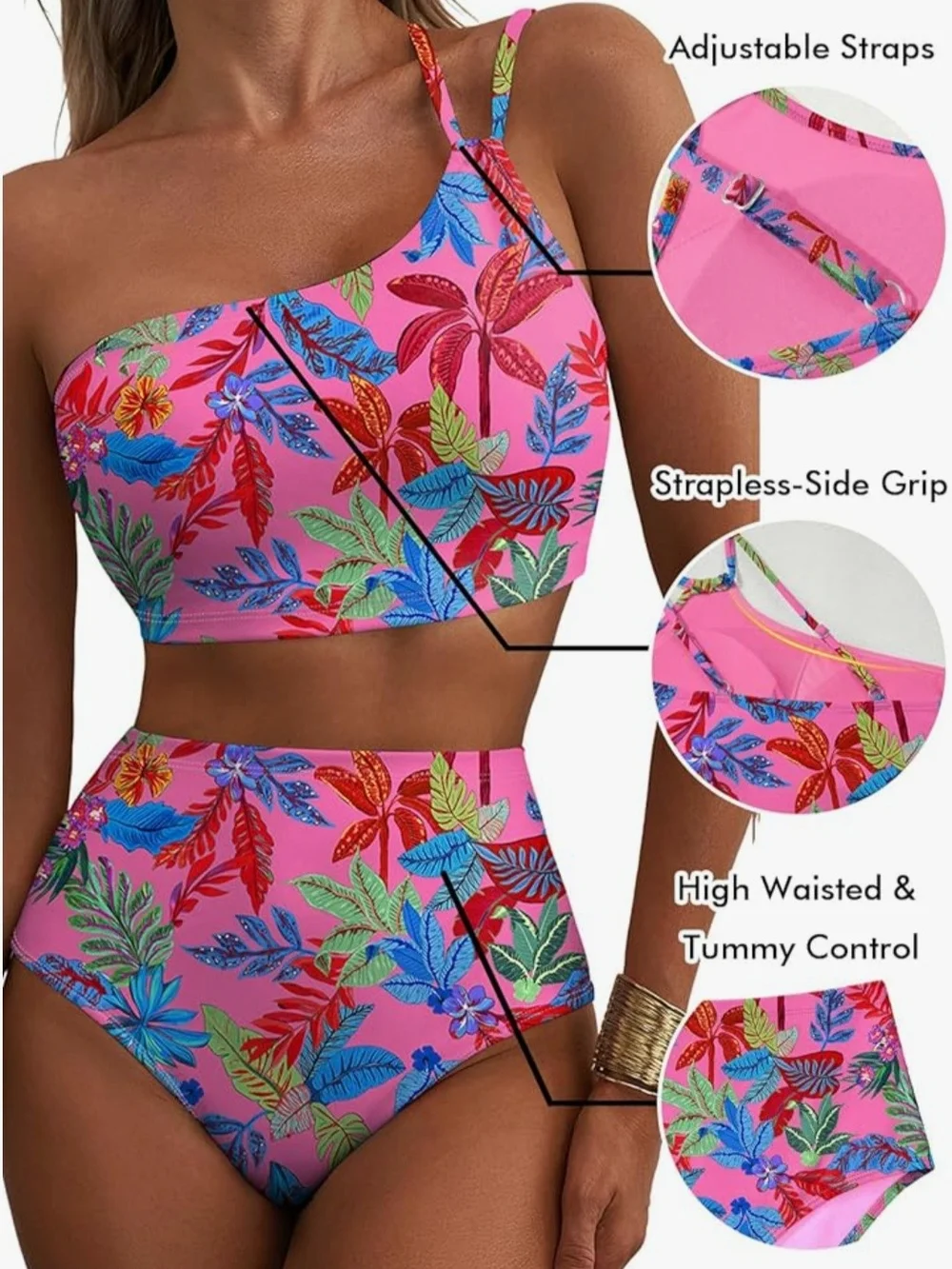 One-Shoulder Pink Tropical Print High-Waist Bikini. Size Medium. NWOT.
